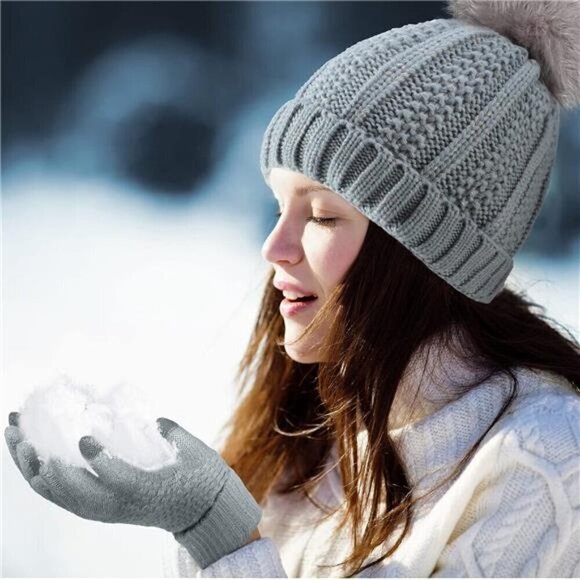 5 Pieces Women Winter Warm Set Knit Beanie Hat Scarf Touchscreen Gloves - Picture 5 of 6